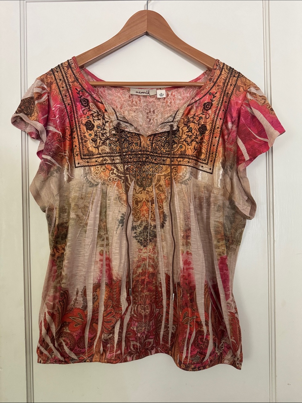 ONE WORLD Pink Tan Orange Boho Short Sleeve Blouse